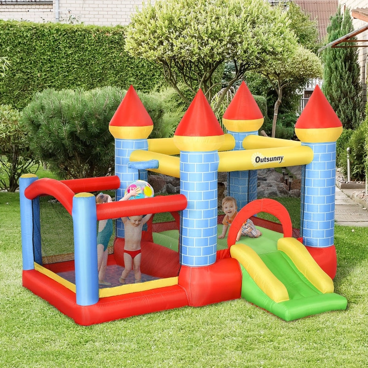 Kids Bounce Castle Inflatable Trampoline Slide Pool Basket, Ages 3-10