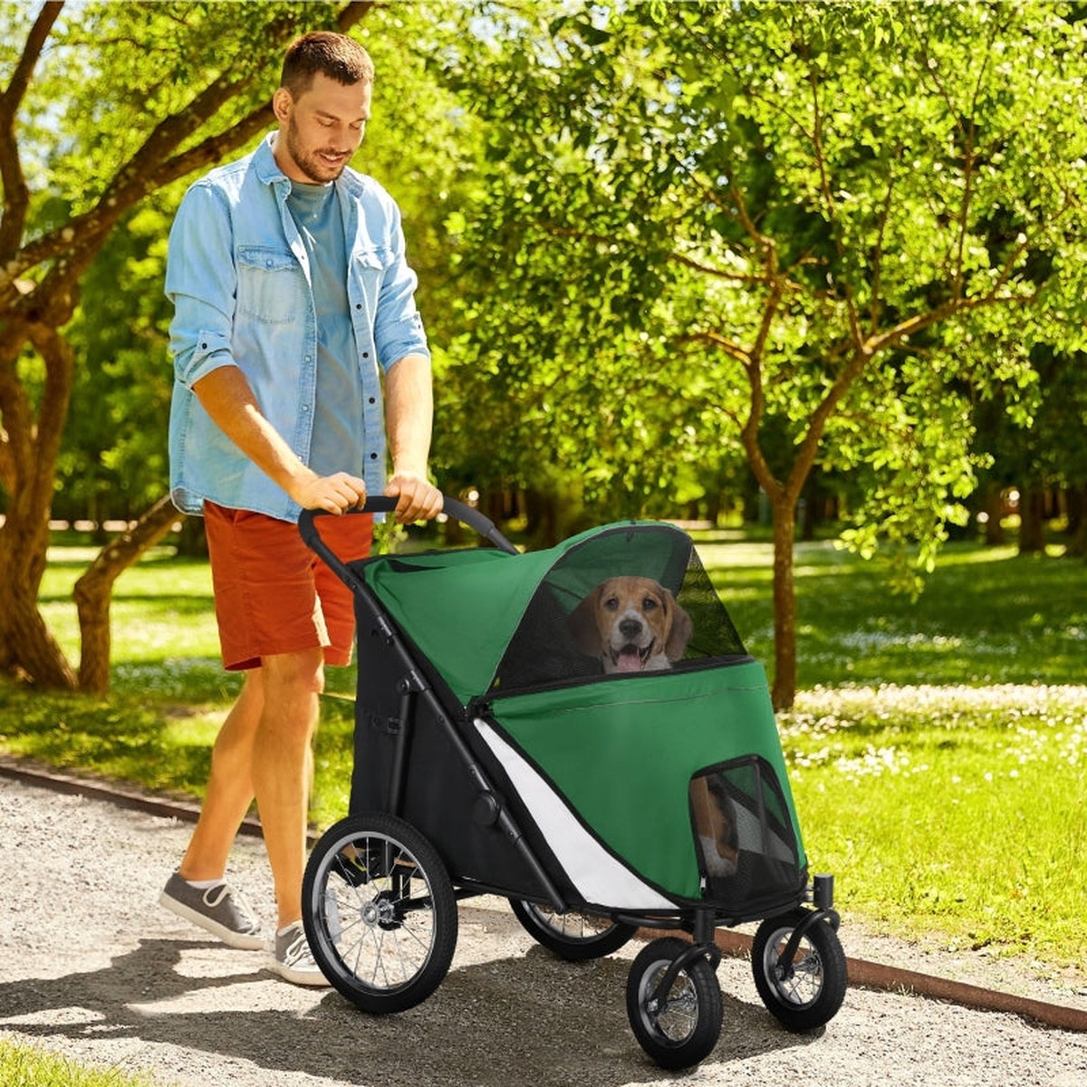 PawHut Foldable Pet Stroller with Washable Cushion, Storage Bags, Safety Leash, Dark Green