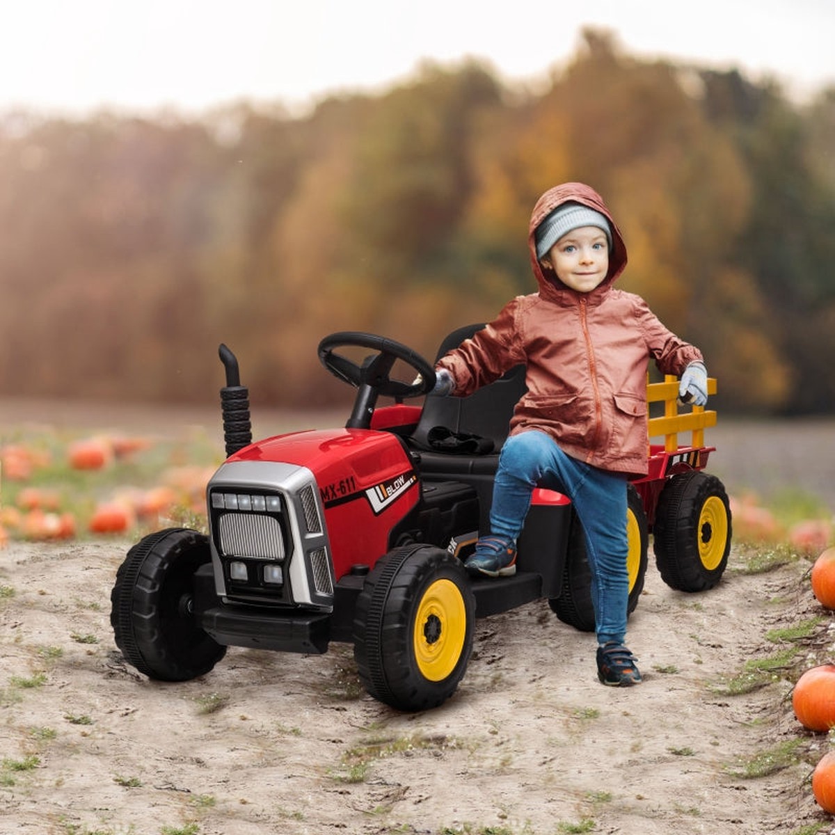Ride On Tractor, Electric with Detachable Trailer, Remote Control, Music - Red