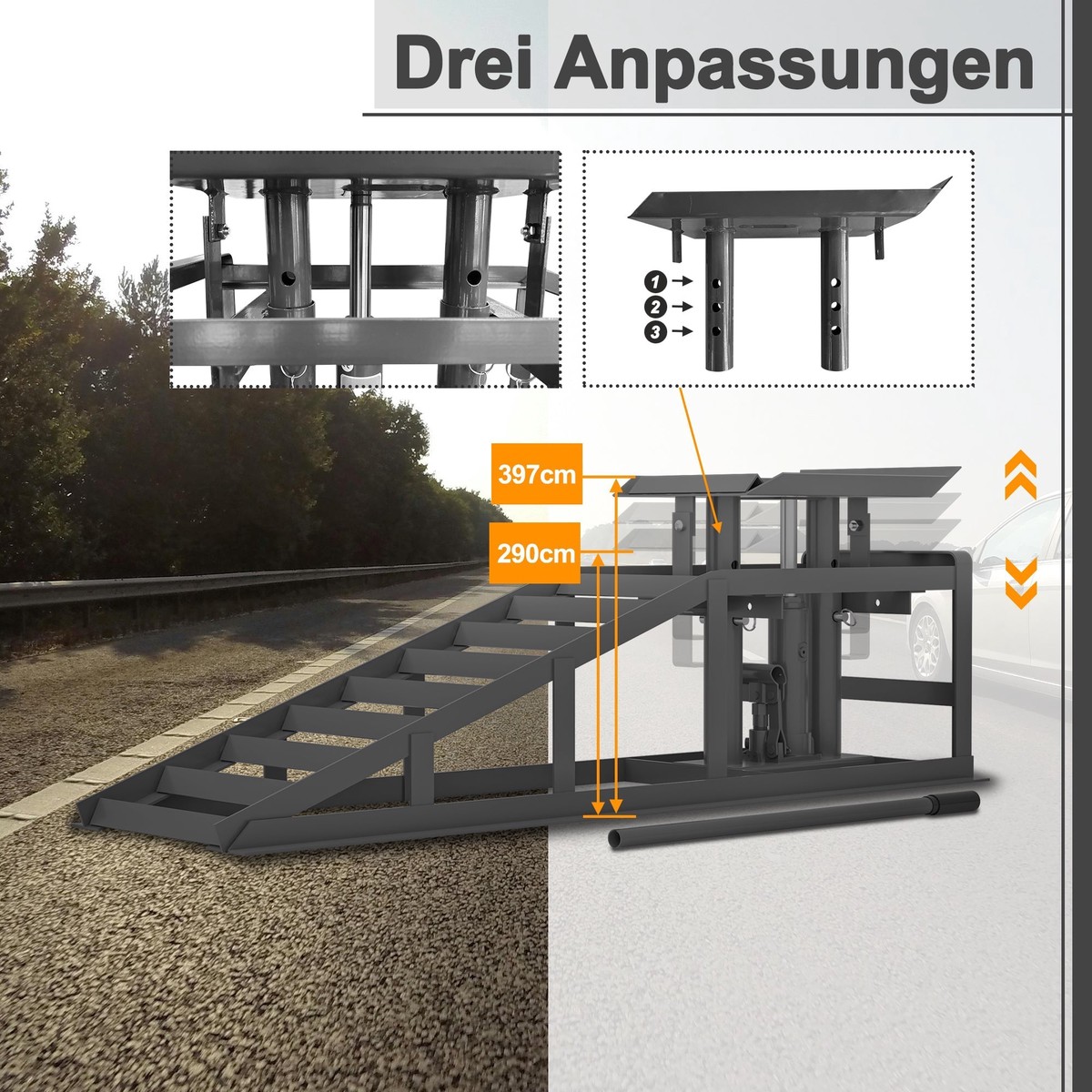 Car Loading Ramp Set, 2-Piece Height-Adjustable Lifting Platform, Grey