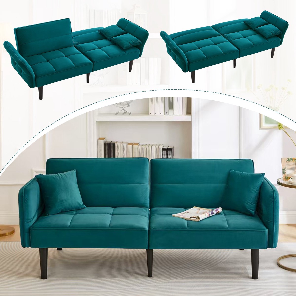 2-in-1 Adjustable Sofa Bed, Two-seater Folding Sleeping Function, Velvet