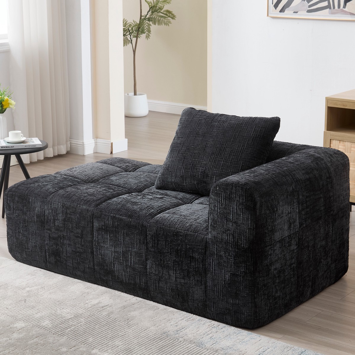 Chaise Longue Sofa, Soft Cushions Side Pockets, Black