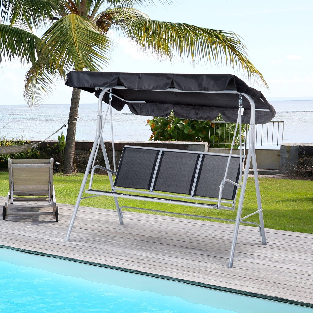 Hollywood Swing, 3-Seater Elegant Garden Swing with Roof, Metal Frame Grey/Silver