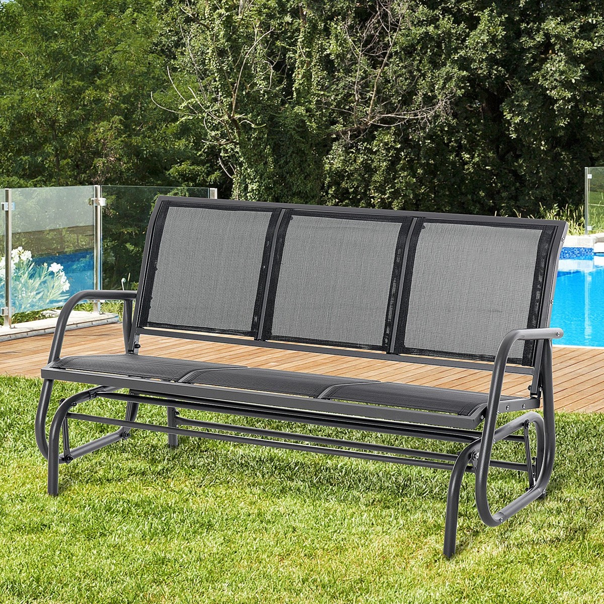 Rocking Chair 3-Seater Garden Swing Sturdy Weatherproof, Metal Black