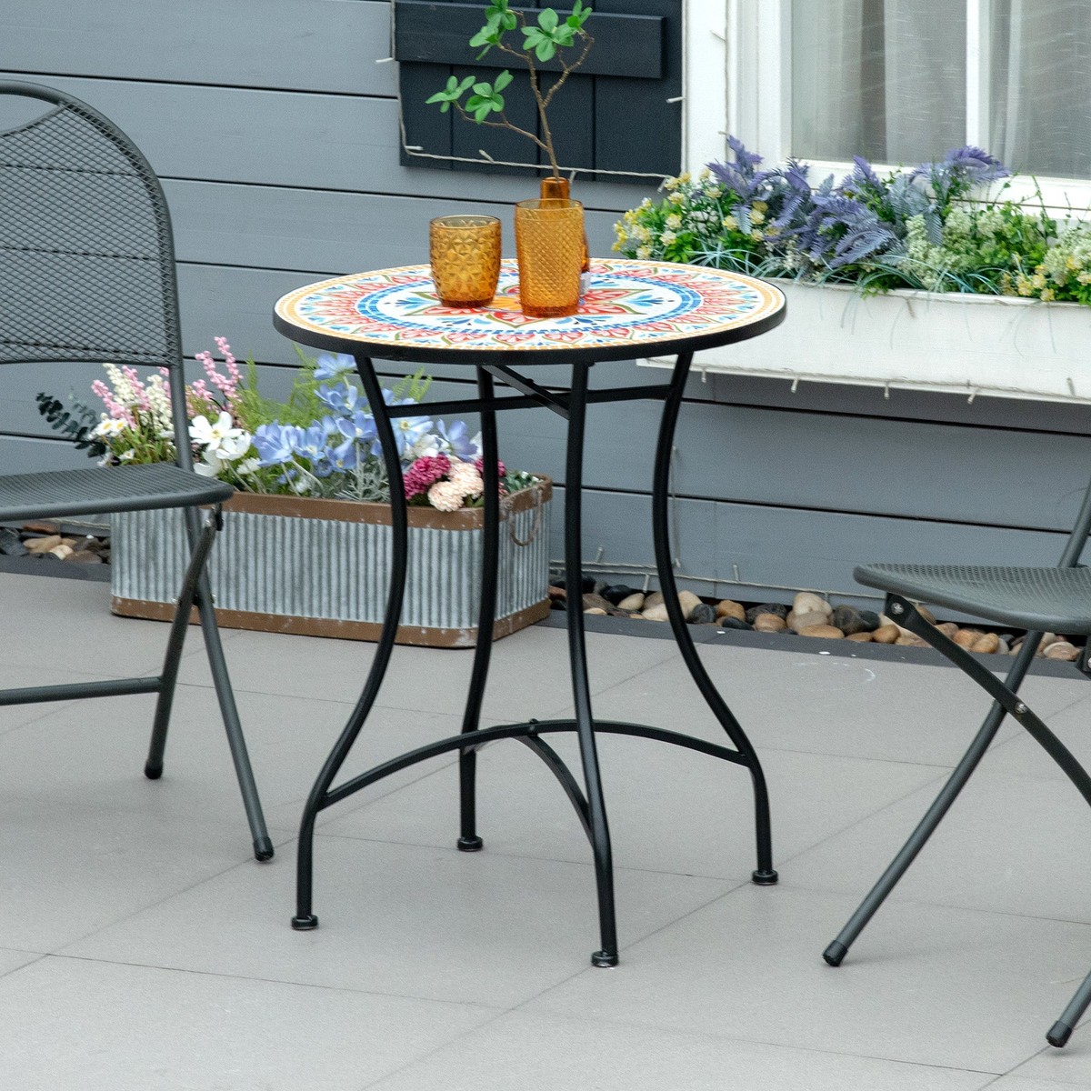 Garden Table Mosaic Bistro Side Table Round 60 cm, Ceramic Metal Red+Blue+White