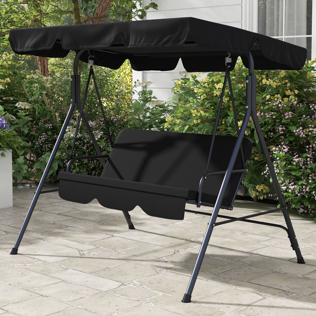 Hollywood Swing 3-Seater Garden Swing Adjustable Canopy Steel Construction, Black