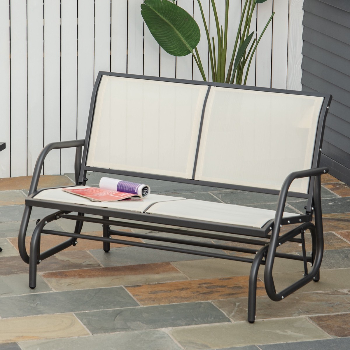 Rocking Chair 2-Seater Garden Swing Park Bench Metal, Black and Beige
