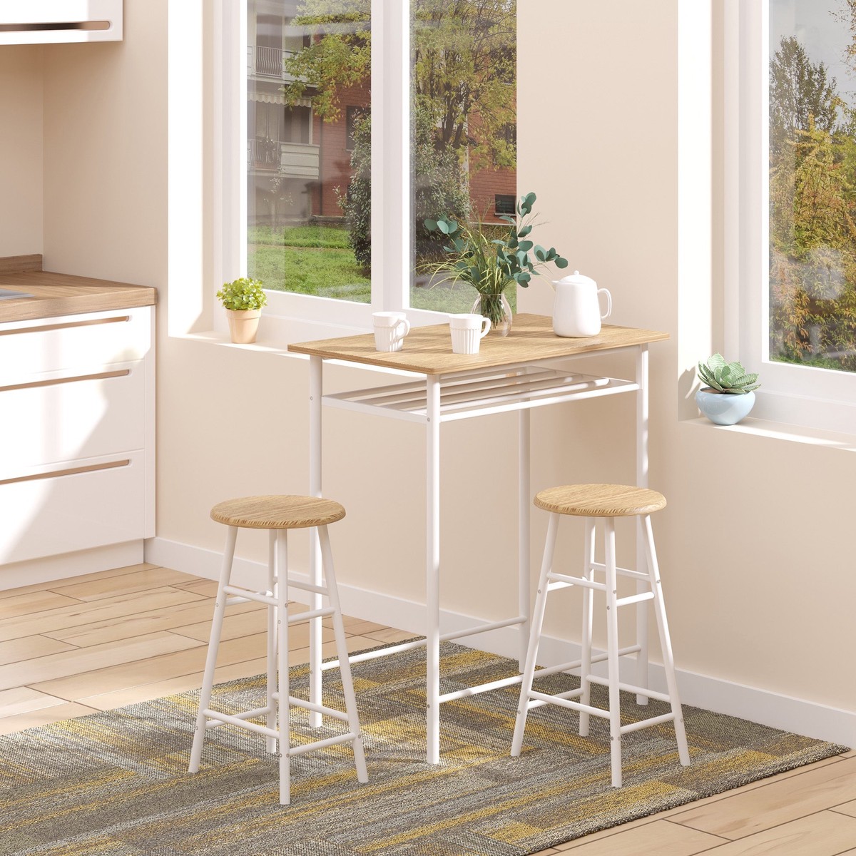 3-Piece Bar Table Set 2 Bar Stools Storage Shelf, MDF Steel, White + Oak