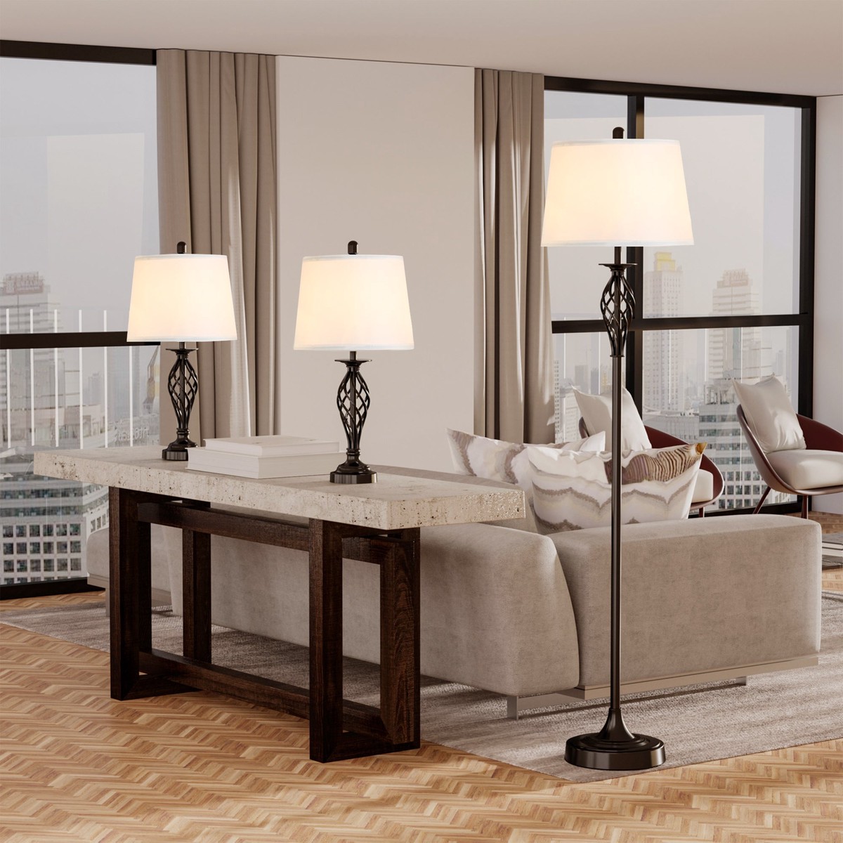 3-Piece Lamp Set: 2 Table Lamps (38cm) & 1 Floor Lamp (62cm), Vintage Black/White Metal/Cotton