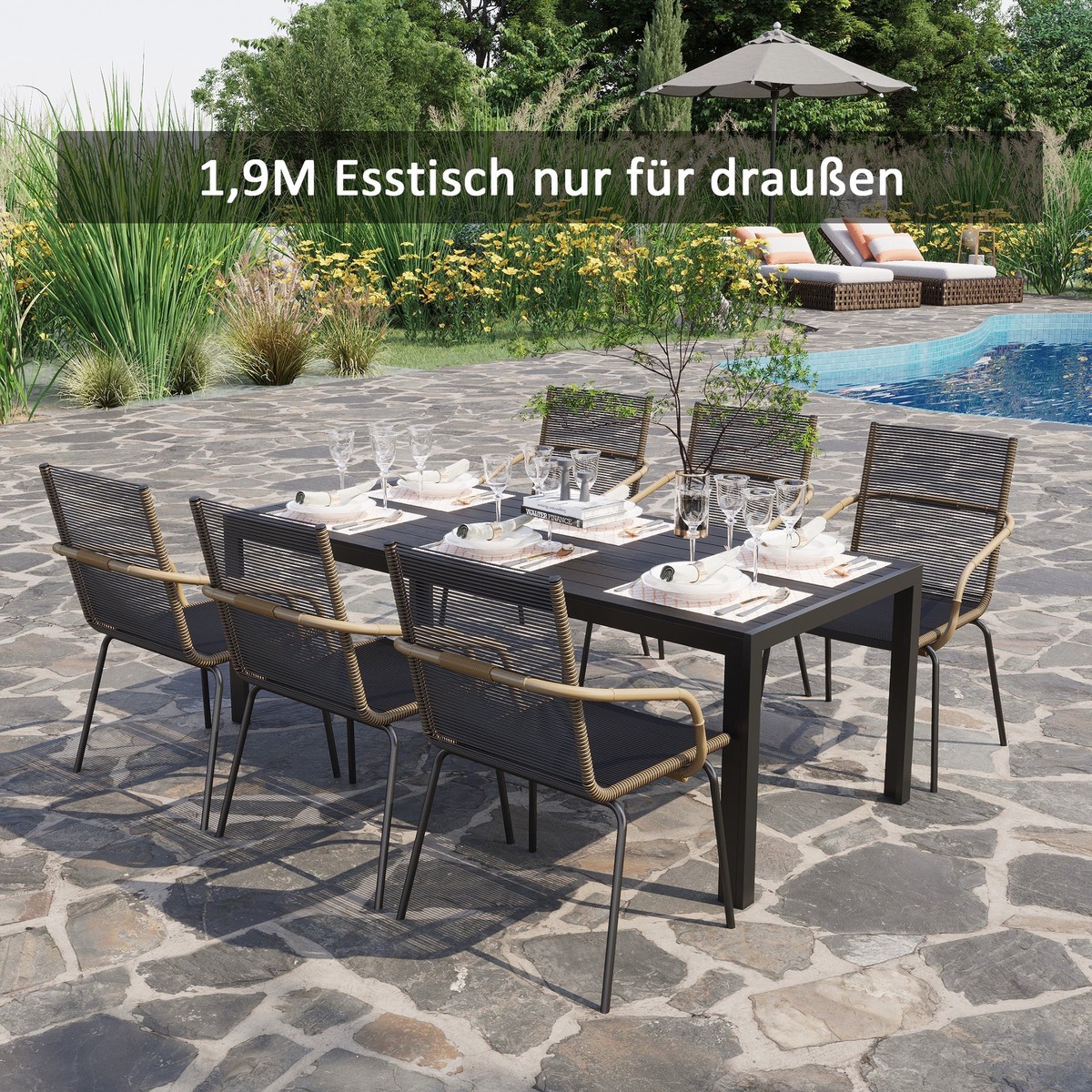 Aluminum Garden Table Weatherproof Wood-Plastic Composite Black