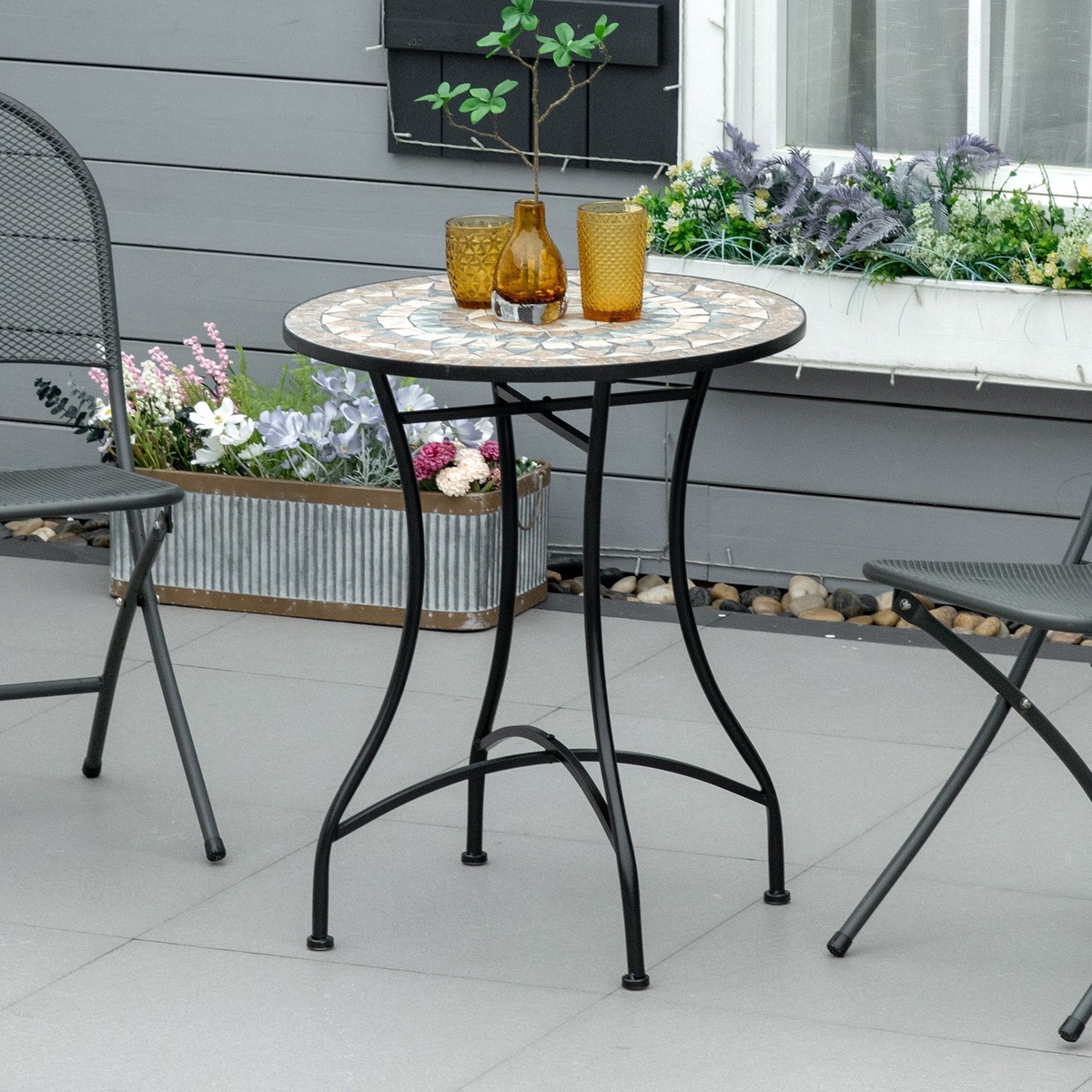 Garden Table, Round Bistro Mosaic Top 60cm, Ceramic Green/Beige/White