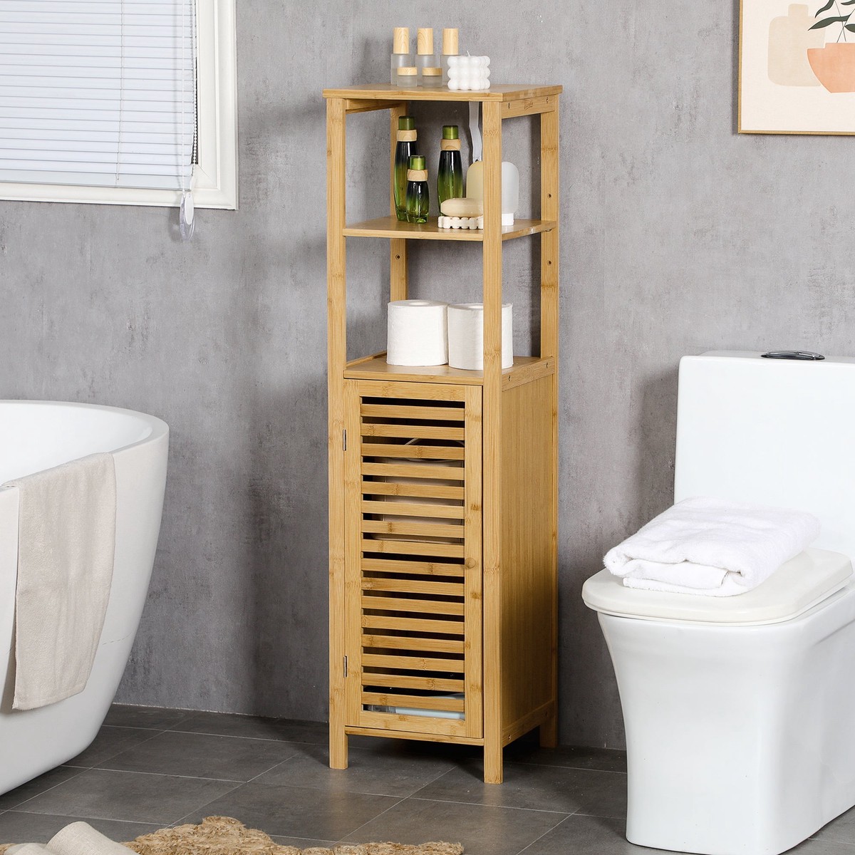 Bathroom Cabinet, Height-Adjustable, 2 Shelves, 33x30x120cm, Natural Bamboo