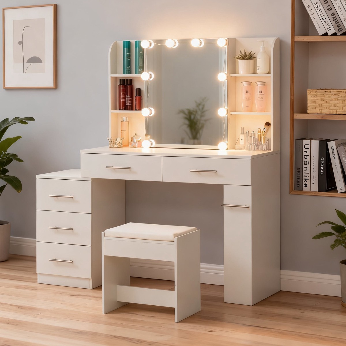 Dressing Table Vanity with Mirror, Drawer, LED Lighting