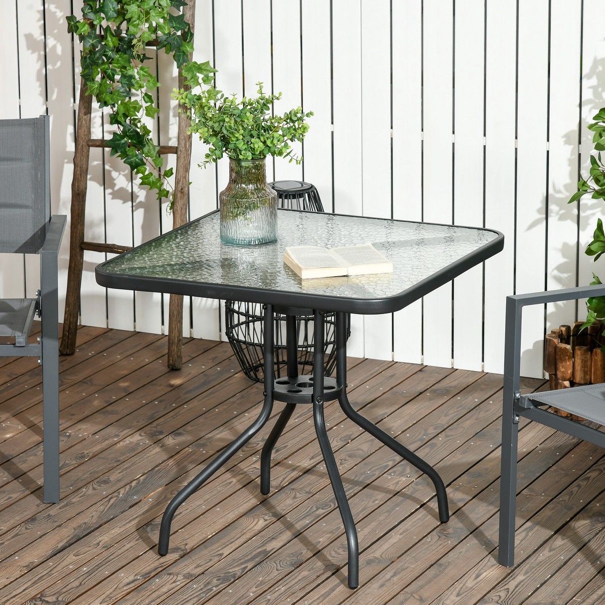 Garden Table Detachable 76x76cm Square Weatherproof with Parasol Hole, Metal Black