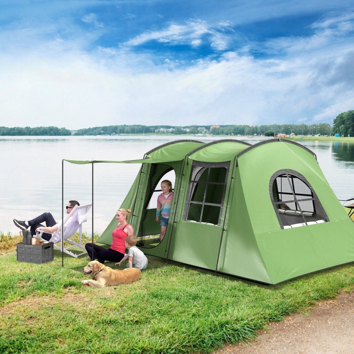 4 Man Tunnel Tent, Family Camping Tent with Porch, 3000mm Waterproof, Green