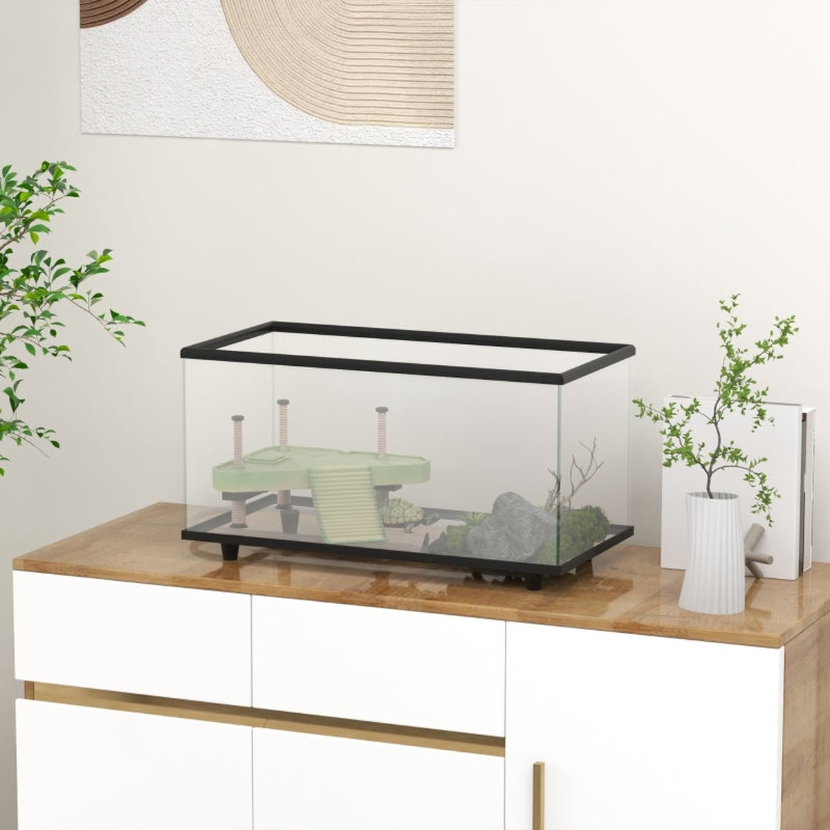 50L Turtle Tank Aquarium with Basking Platform, Easy Drainage, Thermometer, Glass