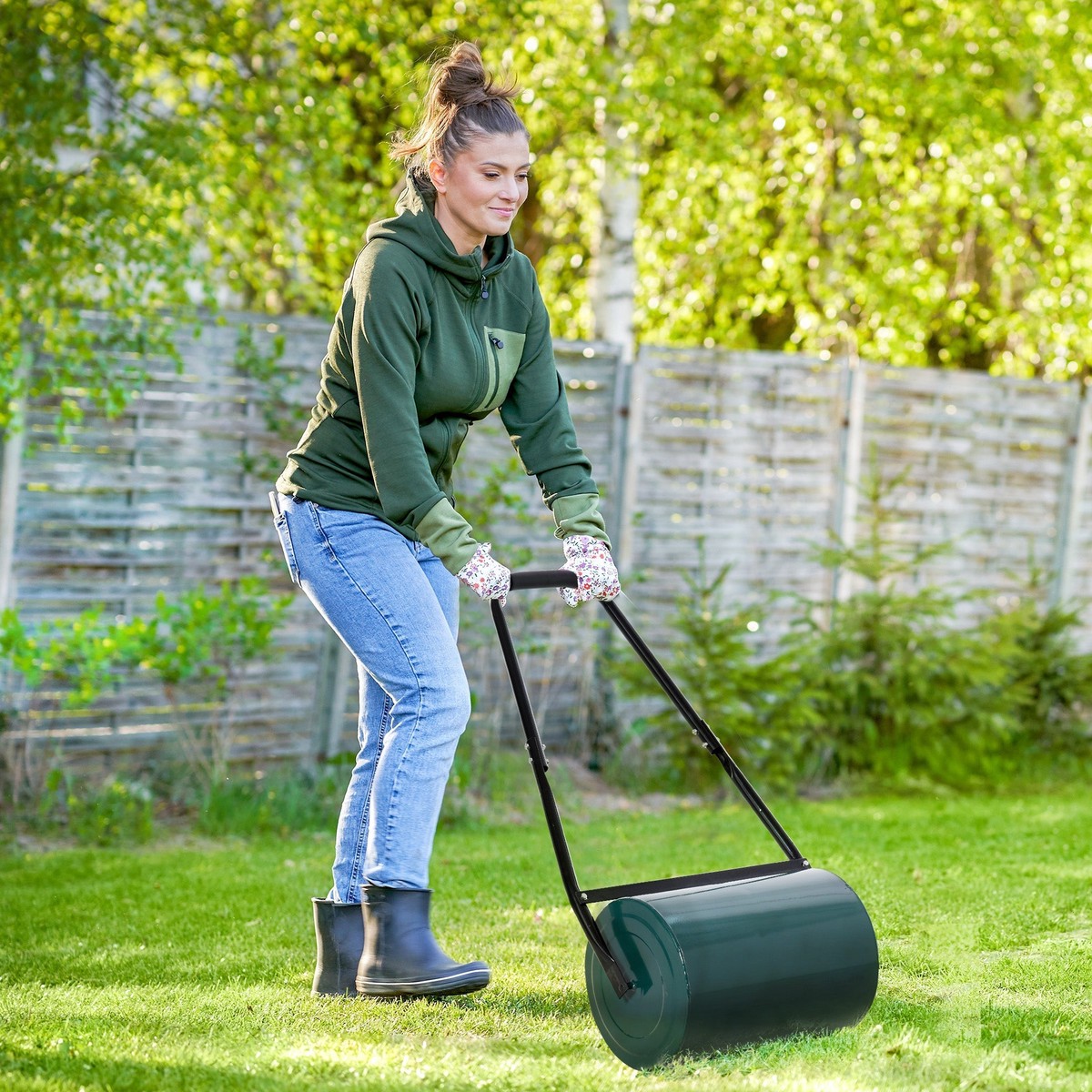 Garden Steel Lawn Roller Drum, 30L Heavy Duty Water/Sand Filled 30cm, Dark Green