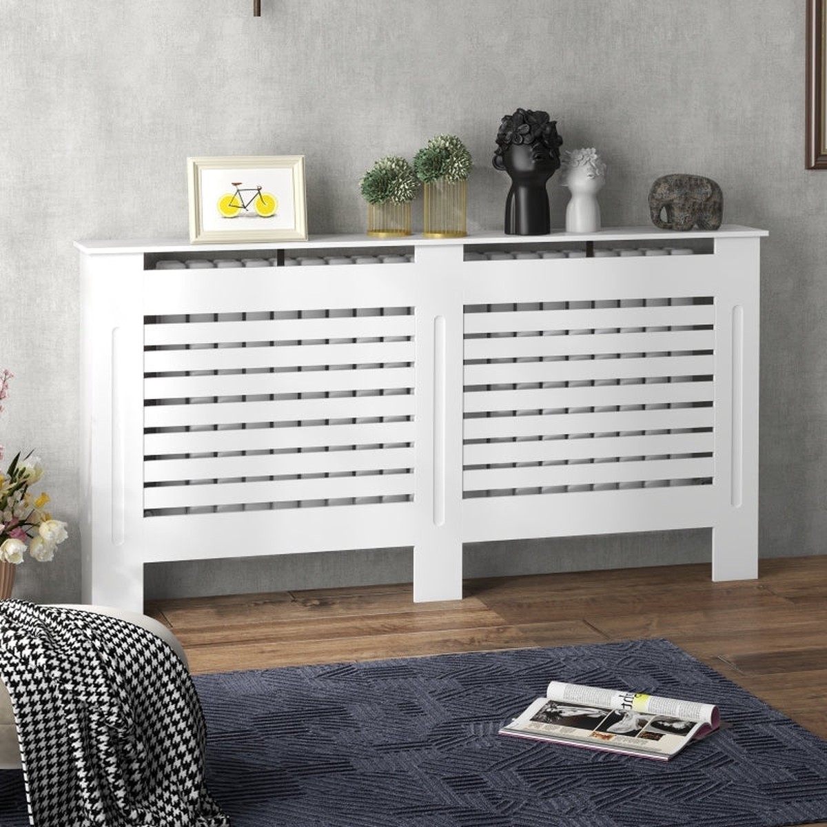 Radiator Cover Modern Cabinet Horizontal Slats 152L x 19W x 81H cm MDF White Painted