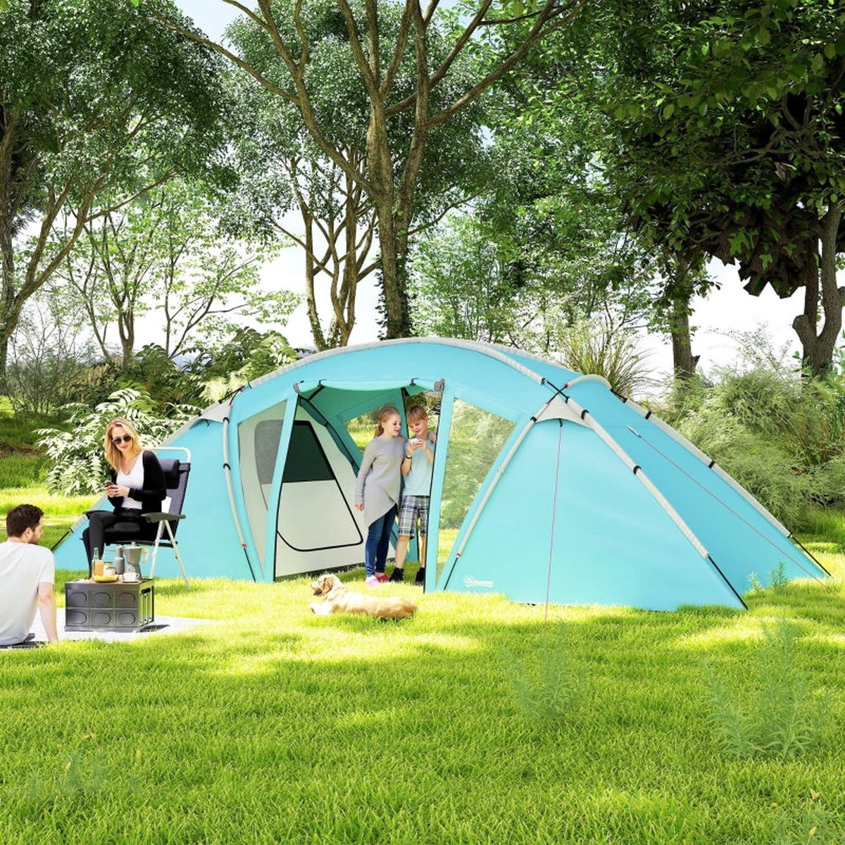 4-6 Man Family Camping Tent with 2 Bedrooms Living Room Waterproof Tunnel, Blue