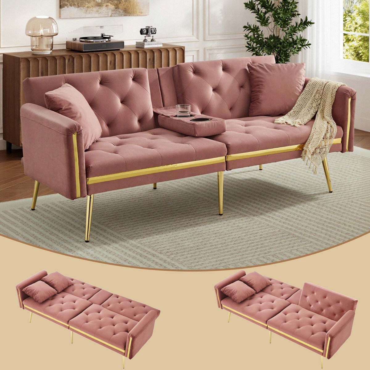 Two-seater Sofa Bed, Adjustable Backrest Gold Accents Built-in Cup Holders, Velvet