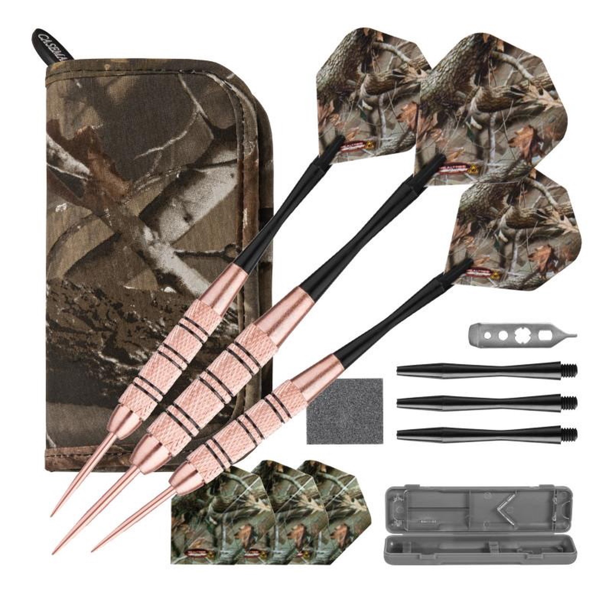 Fat Cat Realtree Hardwoods HD Steel Tip Darts 23gm and Casemaster Realtree Hardwoods Deluxe Camouflage Case