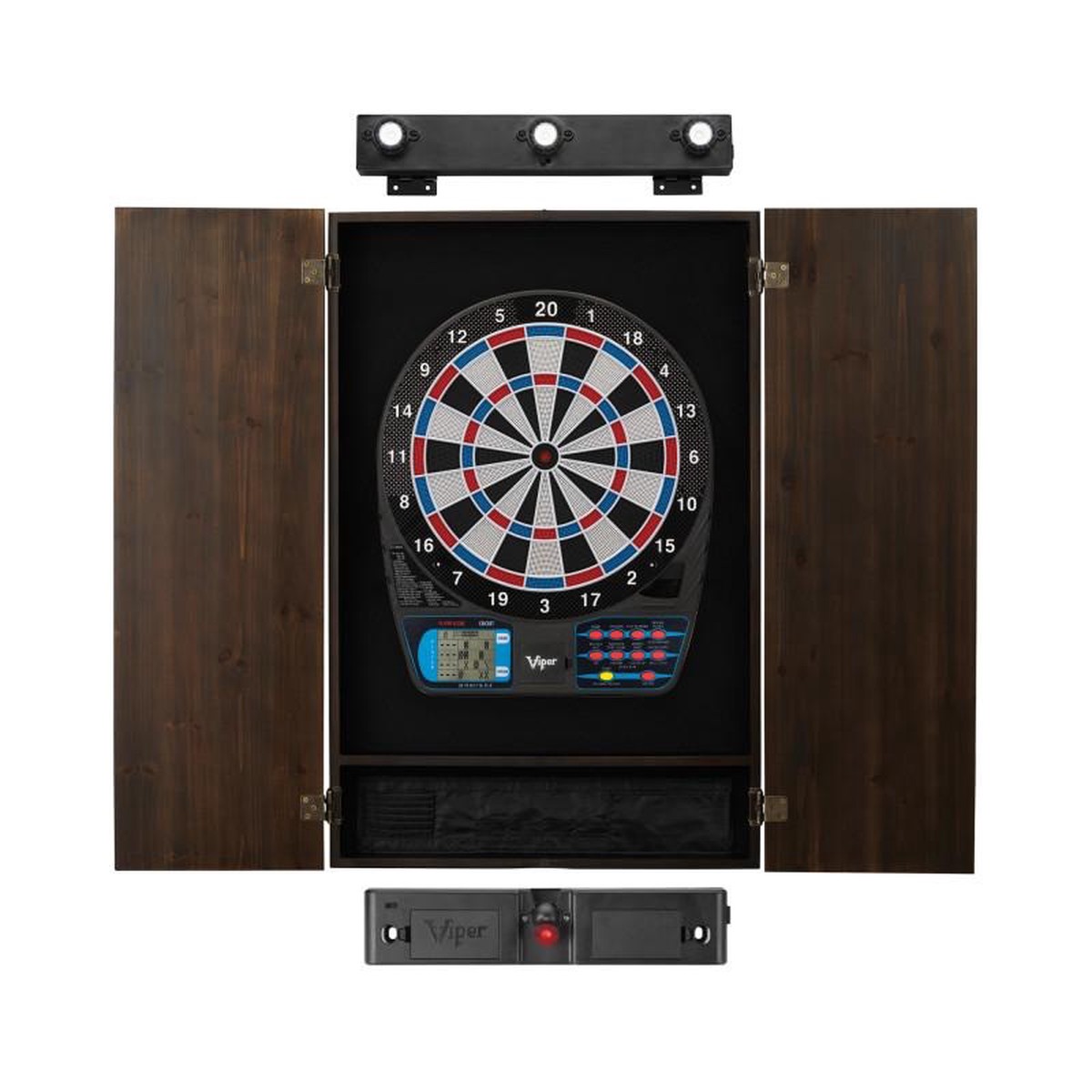Viper 787 Electronic Dartboard, Metropolitan Espresso Cabinet, Laser Throw Line & Shadow Buster Dartboard Light Bundle