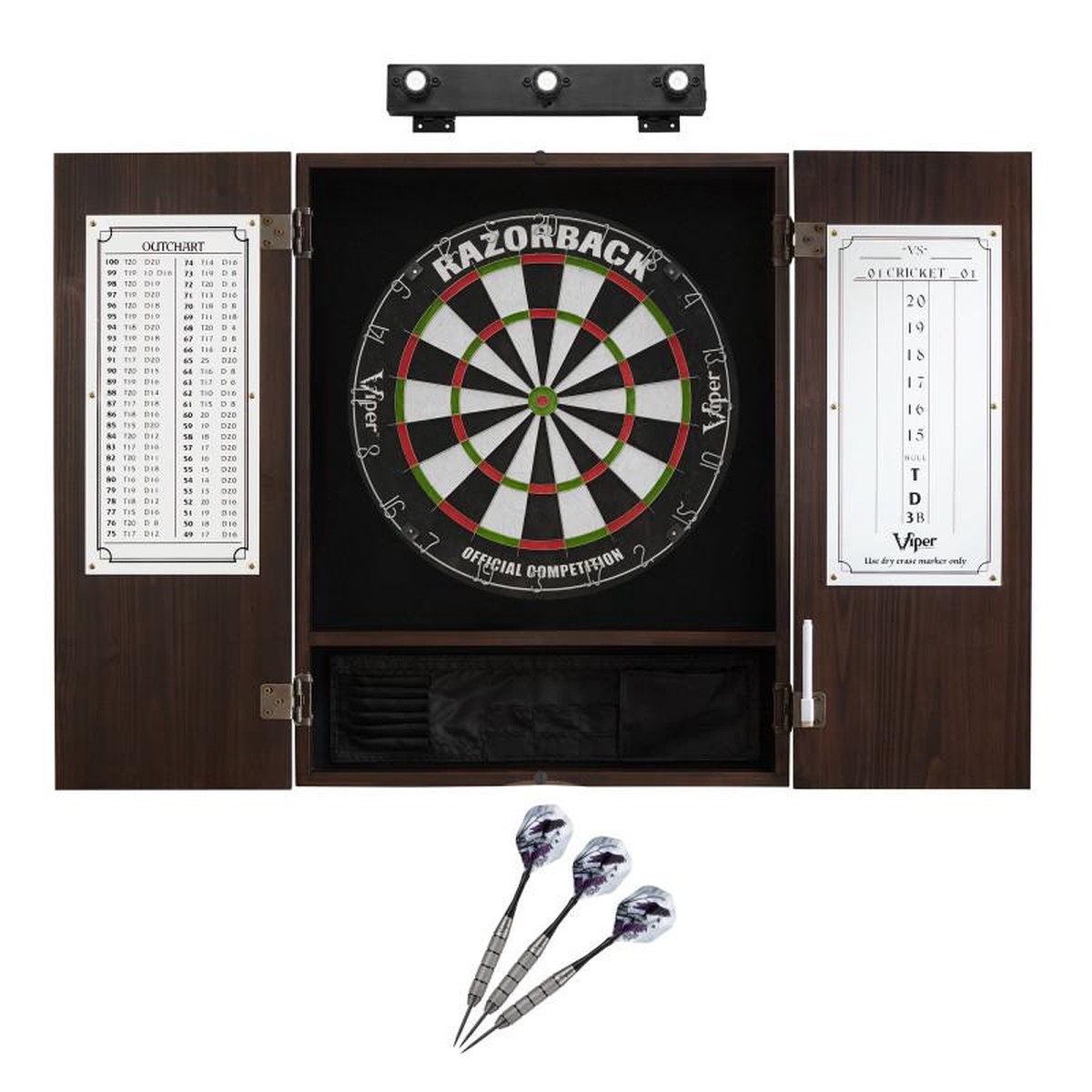 Viper Razorback Sisal Dartboard, Metropolitan Espresso Cabinet, Underground The Raven Steel Tip Darts & Shadow Buster Dartboard Lights