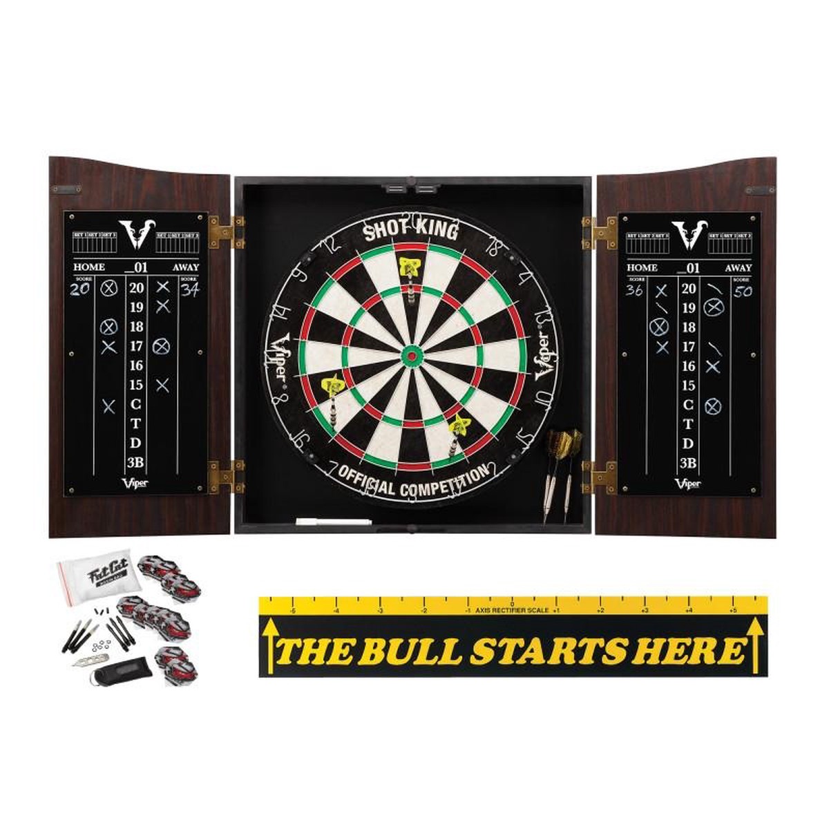 Viper Vault Cabinet with Shot King Sisal Dartboard, Steel Tip Dart Accessories Kit & The Bull Starts Here Throw Line Marker