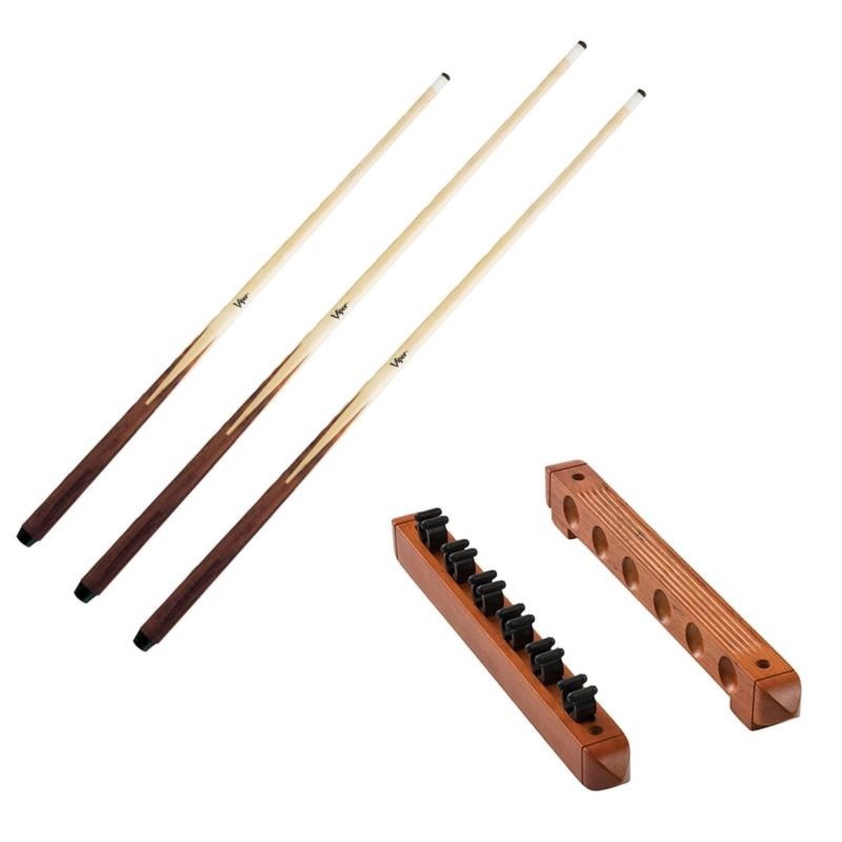 Viper One Piece 36 Maple Bar Cue 14 Ounce, Viper One Piece 57 Maple Bar Cue 19 Ounce, Viper One Piece 57 Maple Bar Cue 20 Ounce, and Fat Cat Oak 6 Cue 2-Piece Wall Cue Rack
