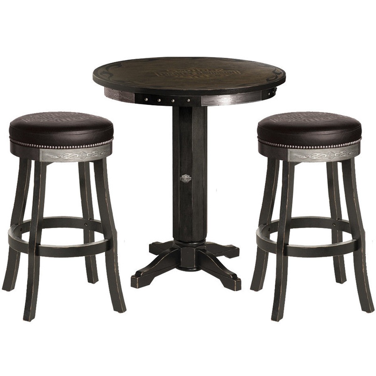Harley Davidson Pub Table and Stools Set - Bar and Shield Flames Vintage Black
