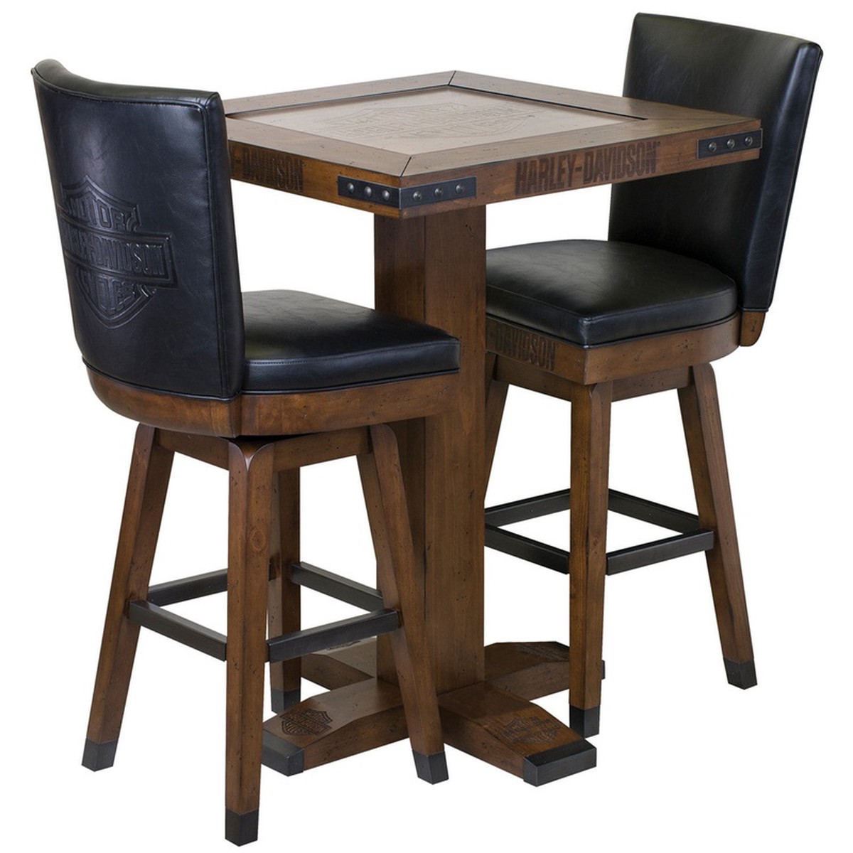 Harley Davidson Pub Table and Stools Set - Bar and Shield Square Table Set Industrial Rawhide Brown