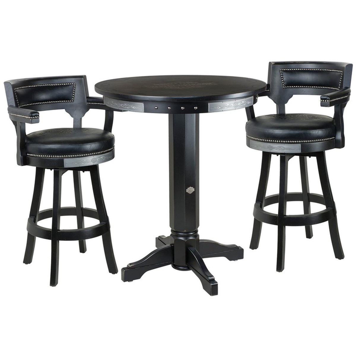 Harley Davidson Pub Table with Backrest Stools Set - Bar and Shield Flames Vintage Black