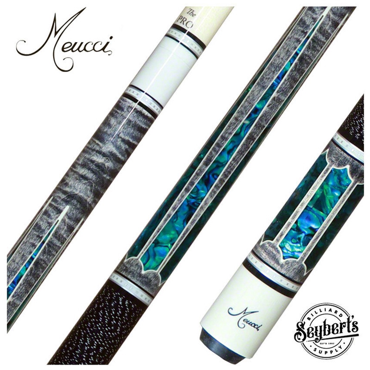 Meucci 2020 Gray - Blue Pearl - Black/White Wrap Pool Cue with Pro Shaft - 2020GYBLBKWHP