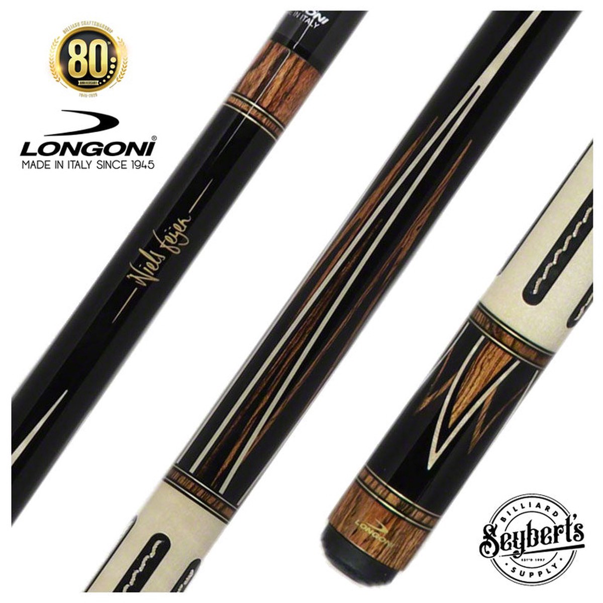 Longoni Niels Feijen Flame Leather Strips Pool Cue with Luna Nera American Pure Graphite Shaft - LG24744