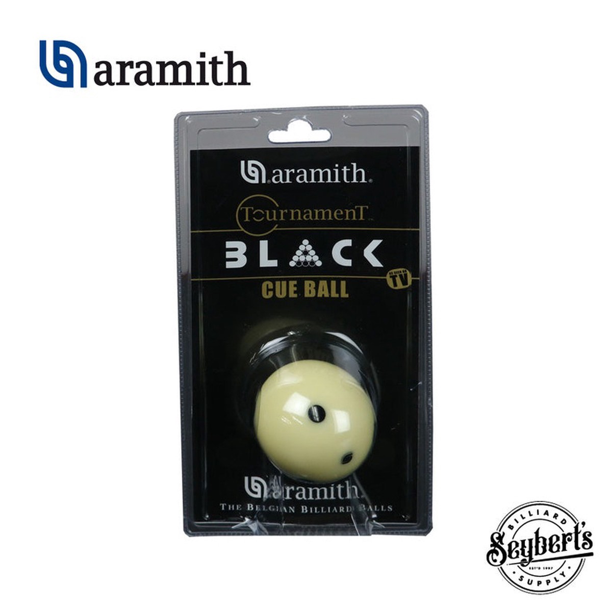 Aramith Tournament Black Cue Ball 6 Dot logo