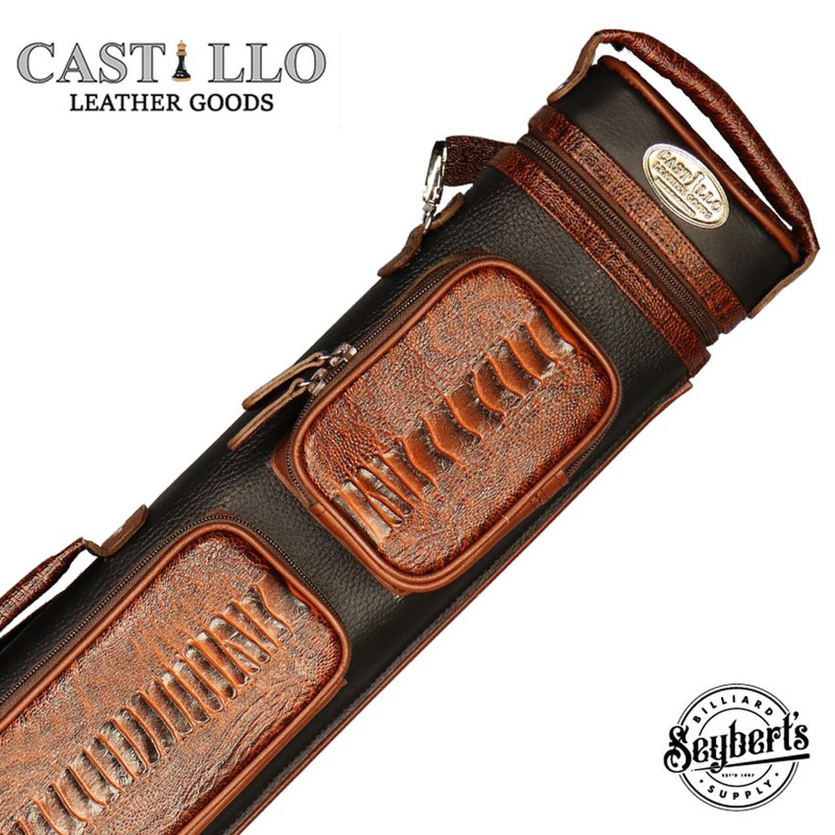 Castillo Black Leather with Cognac Ostrich Leg Accent 24 Hard Leather Pool Cue Case - CLG24BKCGOS