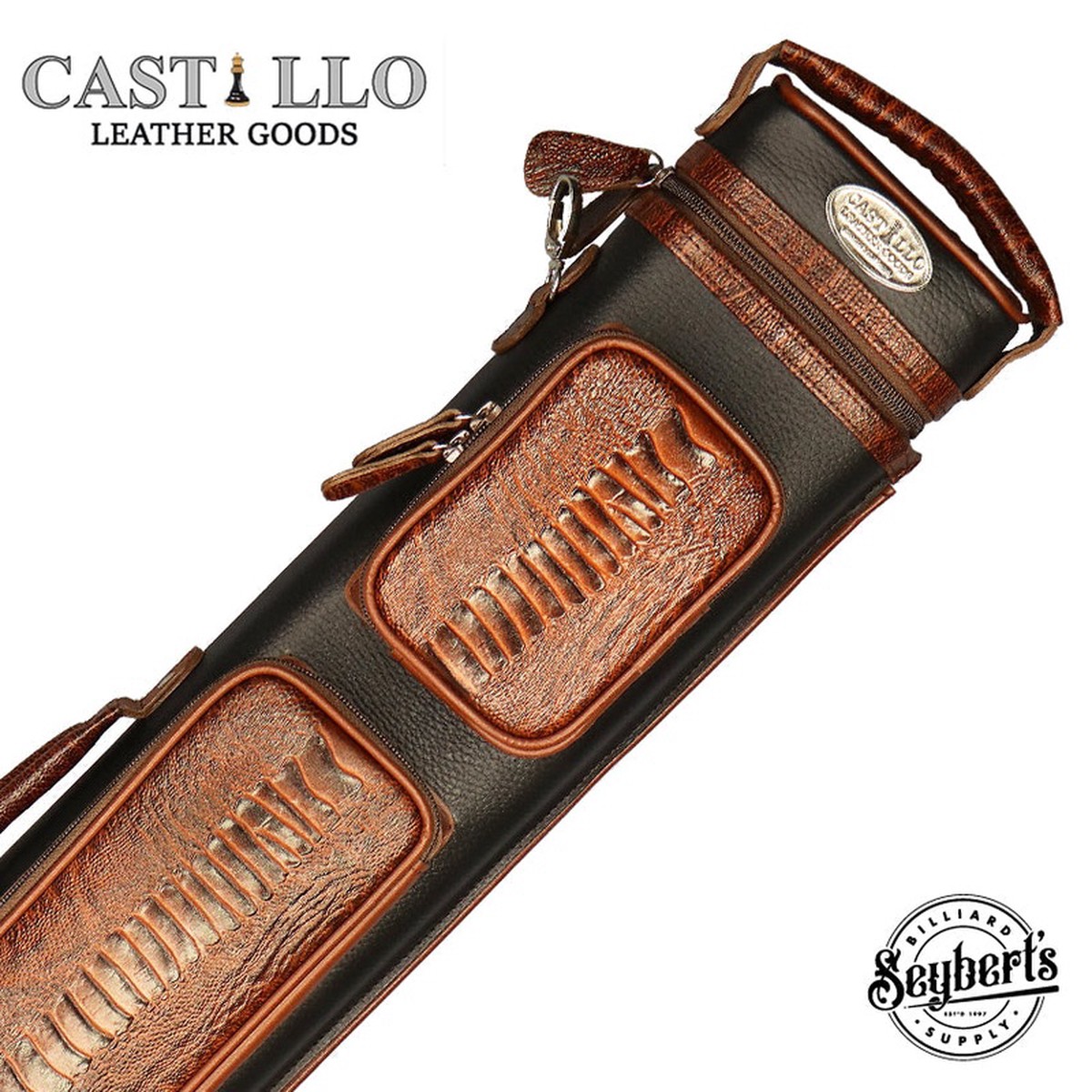 Castillo Black Leather with Cognac Ostrich Leg Accent 35 Hard Leather Pool Cue Case - CLG35BKCGOS