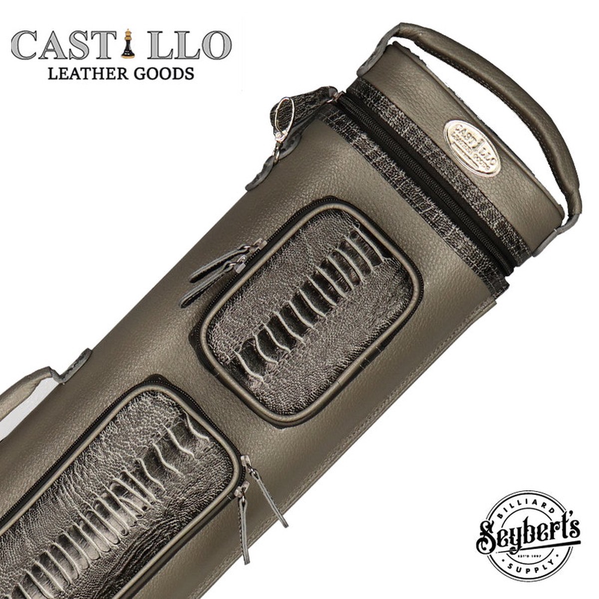 Castillo Grey Leather with Grey Ostrich Leg Accent 47 Hard Leather Pool Cue Case - CLG47GYGYOS