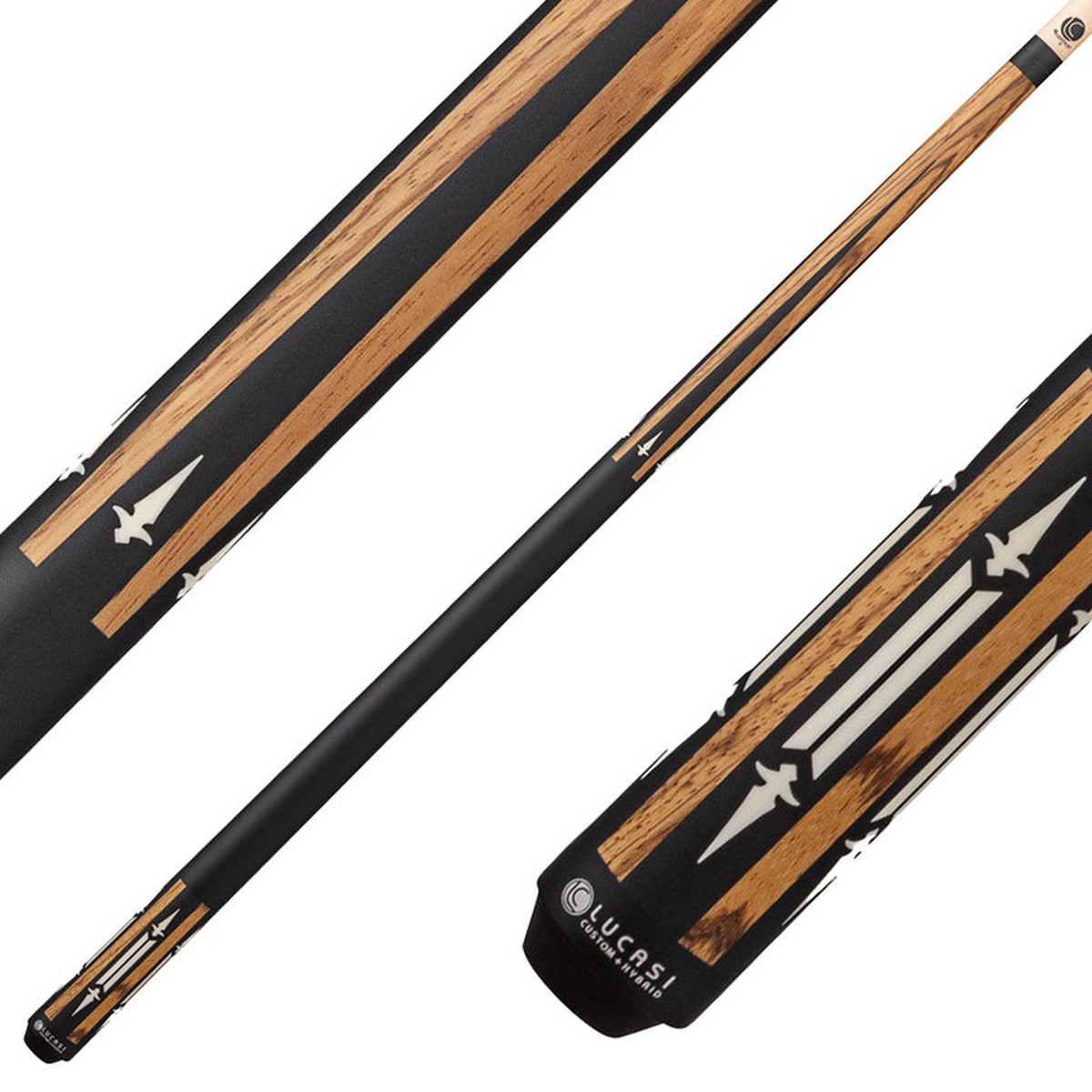 Lucasi Custom LZC62 Wrapless Pool Cue - Matte Zebrawood, Black, and White Inlays