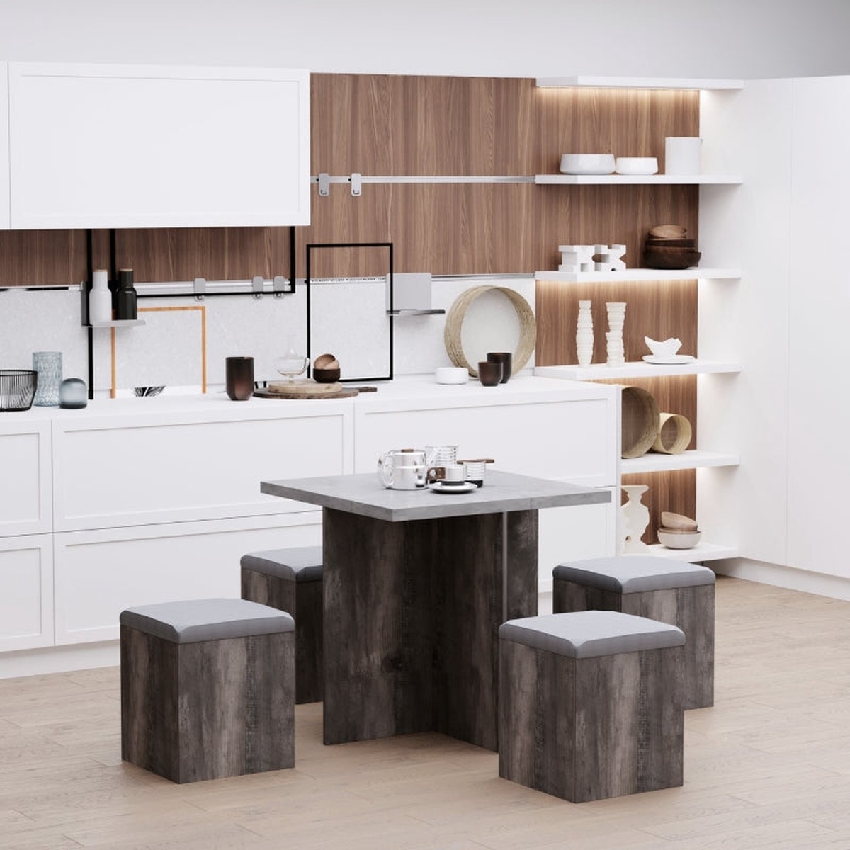 5PC Dining Set Space Saving Design, 4 Storage Stools with Cushions + 1 Table, Wooden