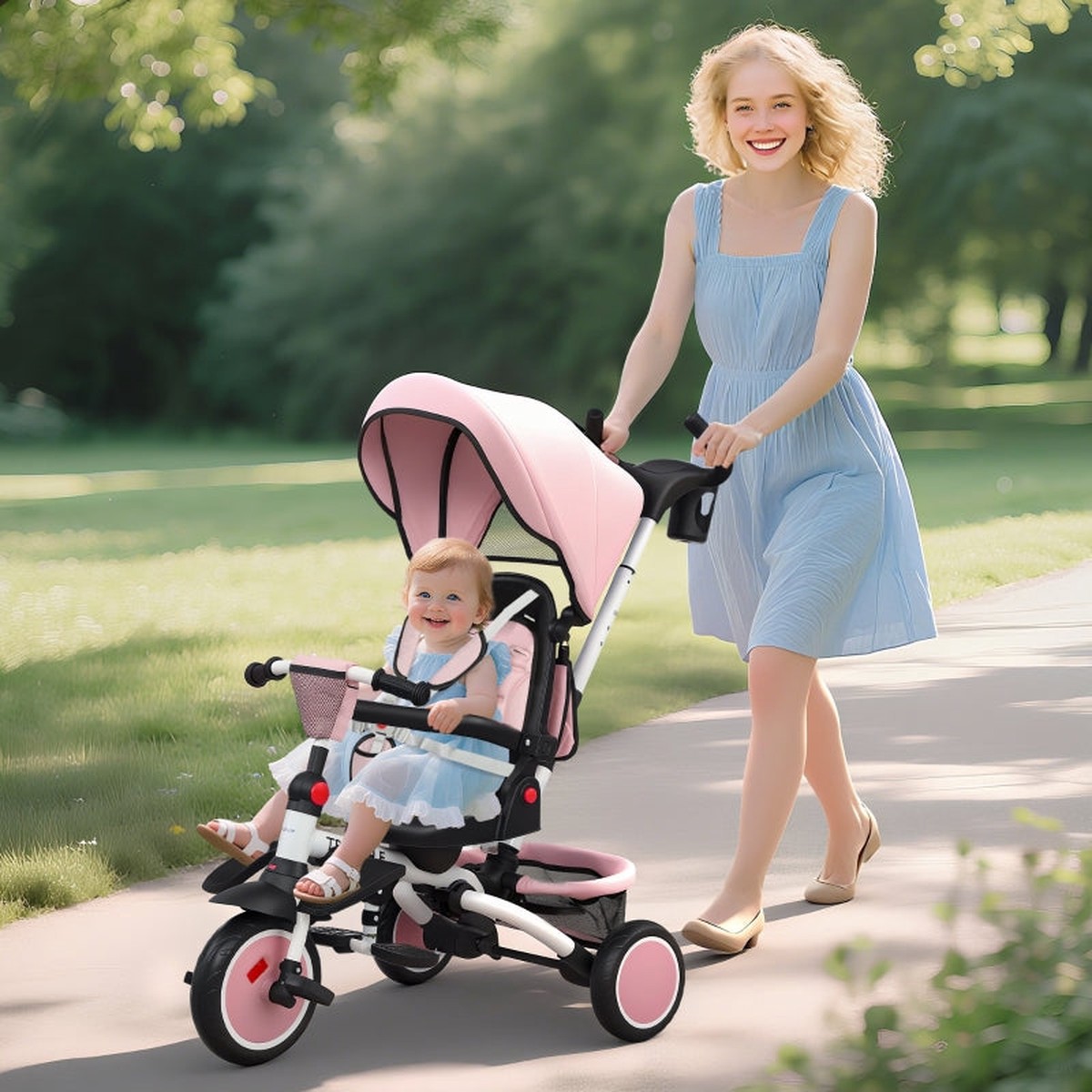 6 in 1 Foldable Kids Trike Adjustable Handle Canopy Pink