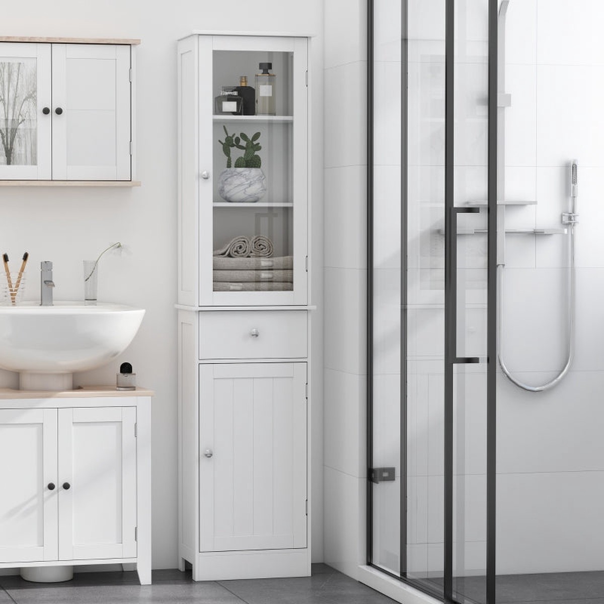 Bathroom Storage Cabinet 3-tier Shelf Drawer Door Tall Slim Side Organizer White