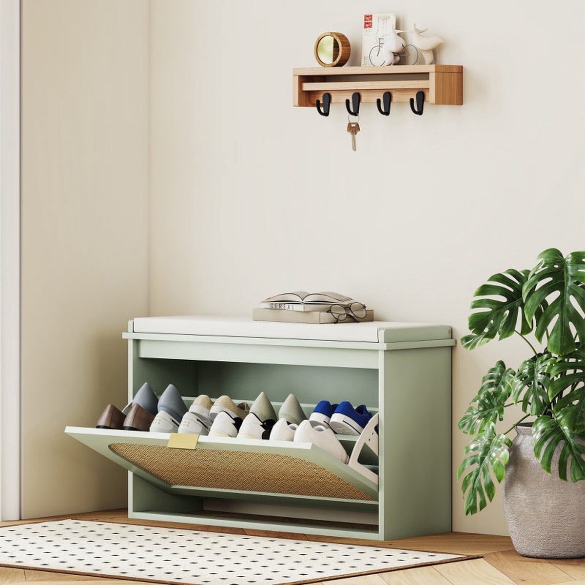 Boho Shoe Bench, Padded Seat Flip-Drawer, Light Green