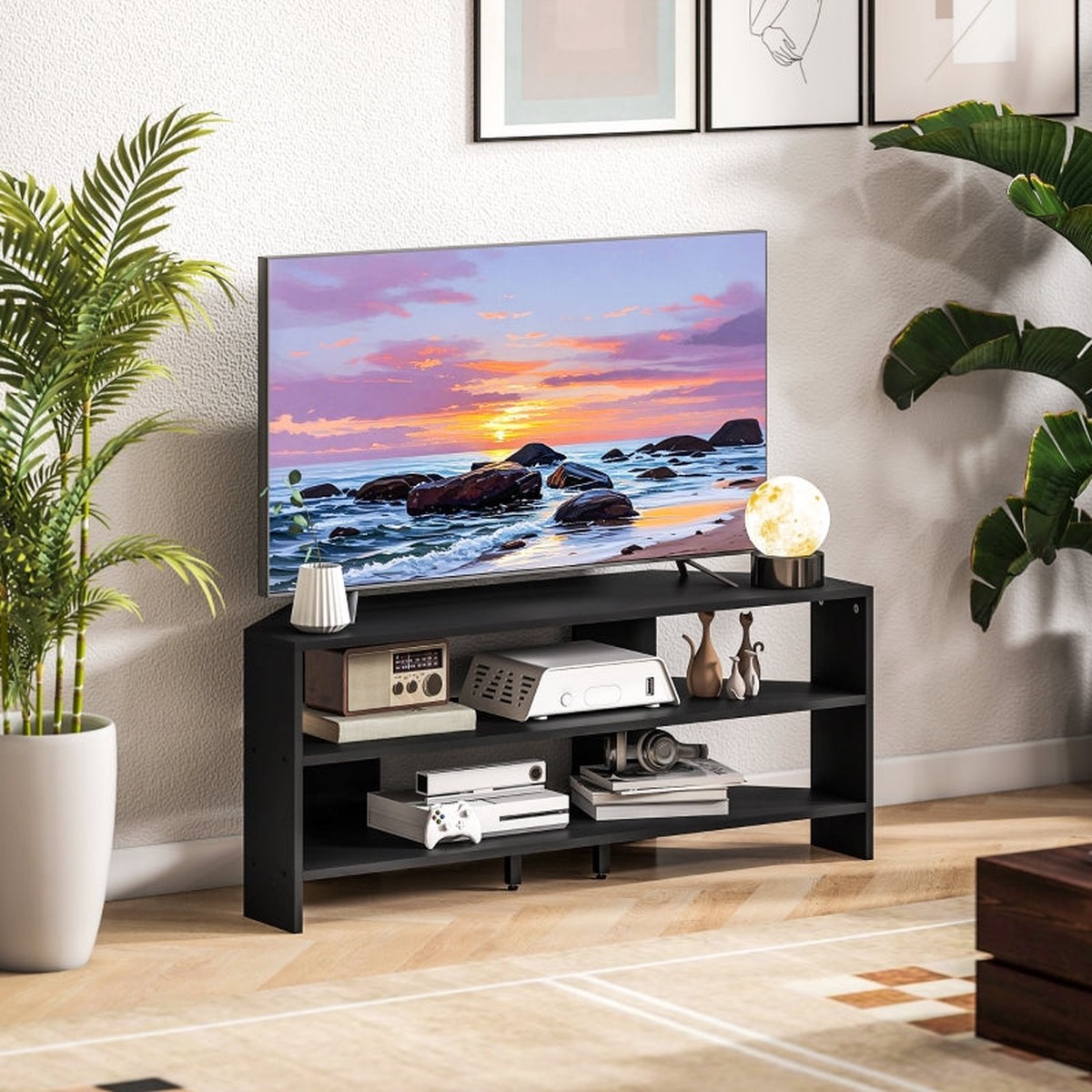 Corner TV Stand 2 Open Shelves 47 Inch TV Black