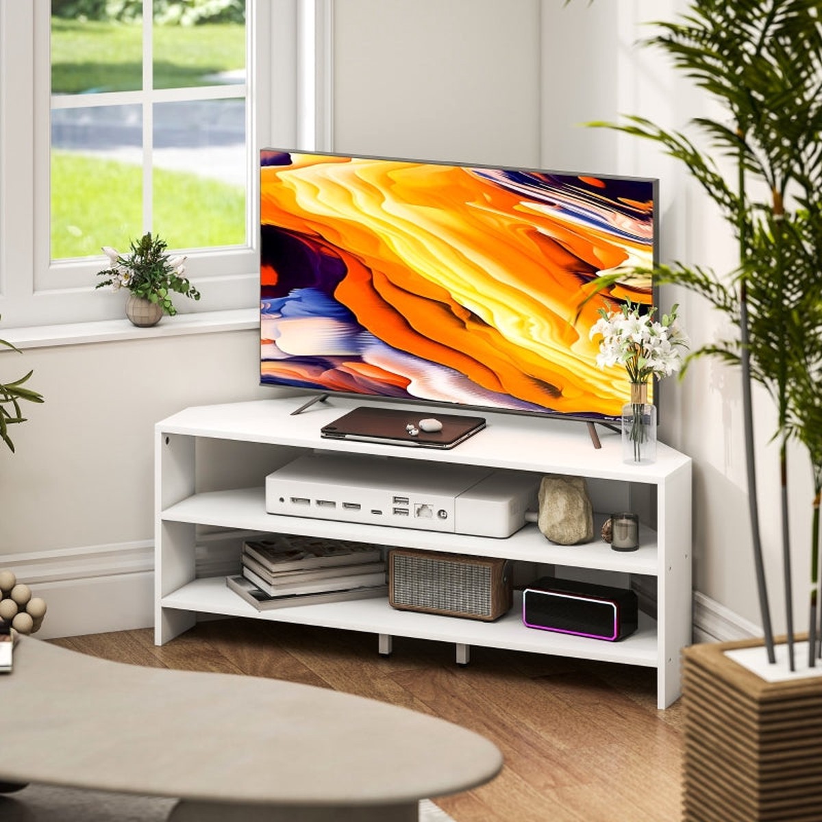 Corner TV Stand, 2 Open Shelves 47 Inch TV, White