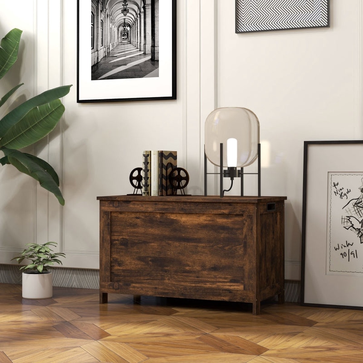 Storage Chest Modern Storage Trunk Toy Box 2 Safety Hinges Rustic Brown Wooden