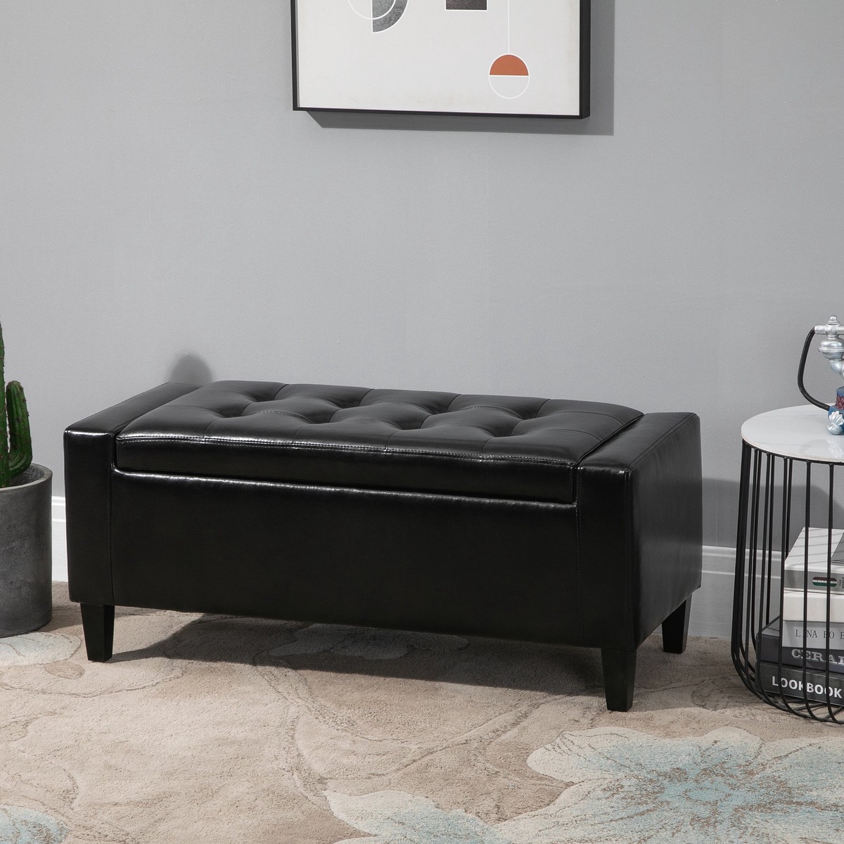 Storage Ottoman Bench Tufted Cube Flipping Top 92 x 40 x 40 cm PU Leather Black