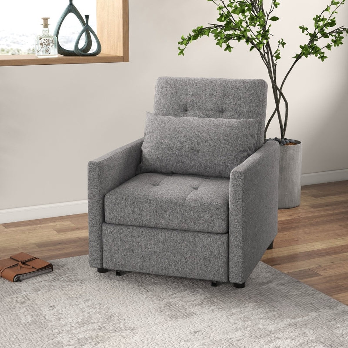 3-In-1 Chair Bed, Convertible Sleeper Chair with Adjustable Backrest, Grey