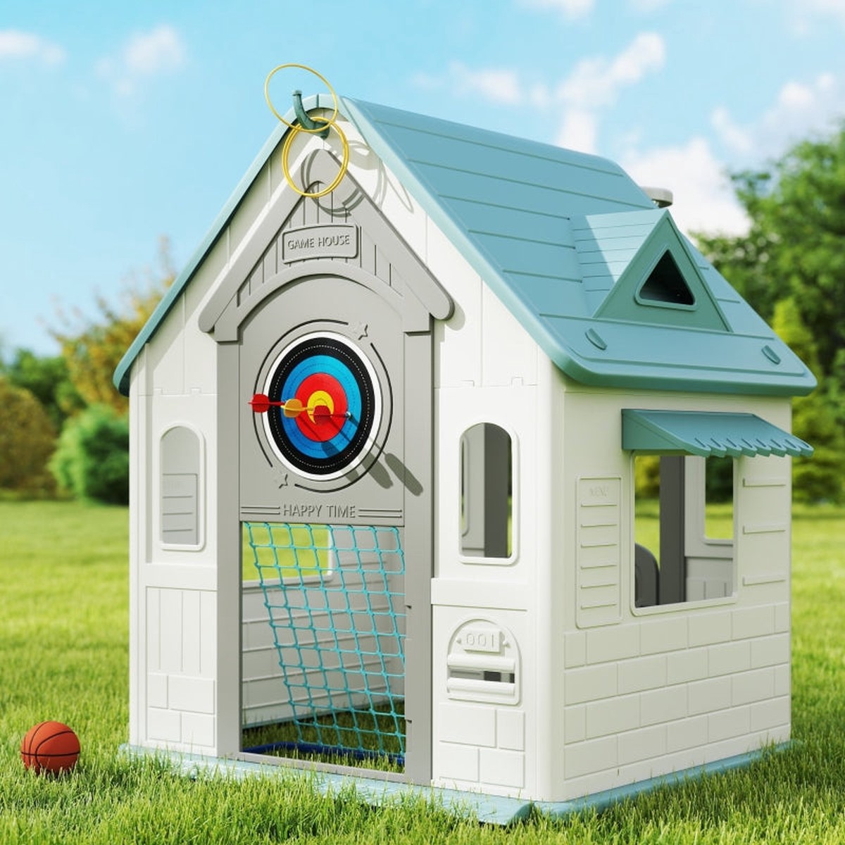 5-in-1 Playhouse for Kids Outdoor Indoor with Basketball Hoop, Football Goal, Dartboard, Ring Toss, Beige