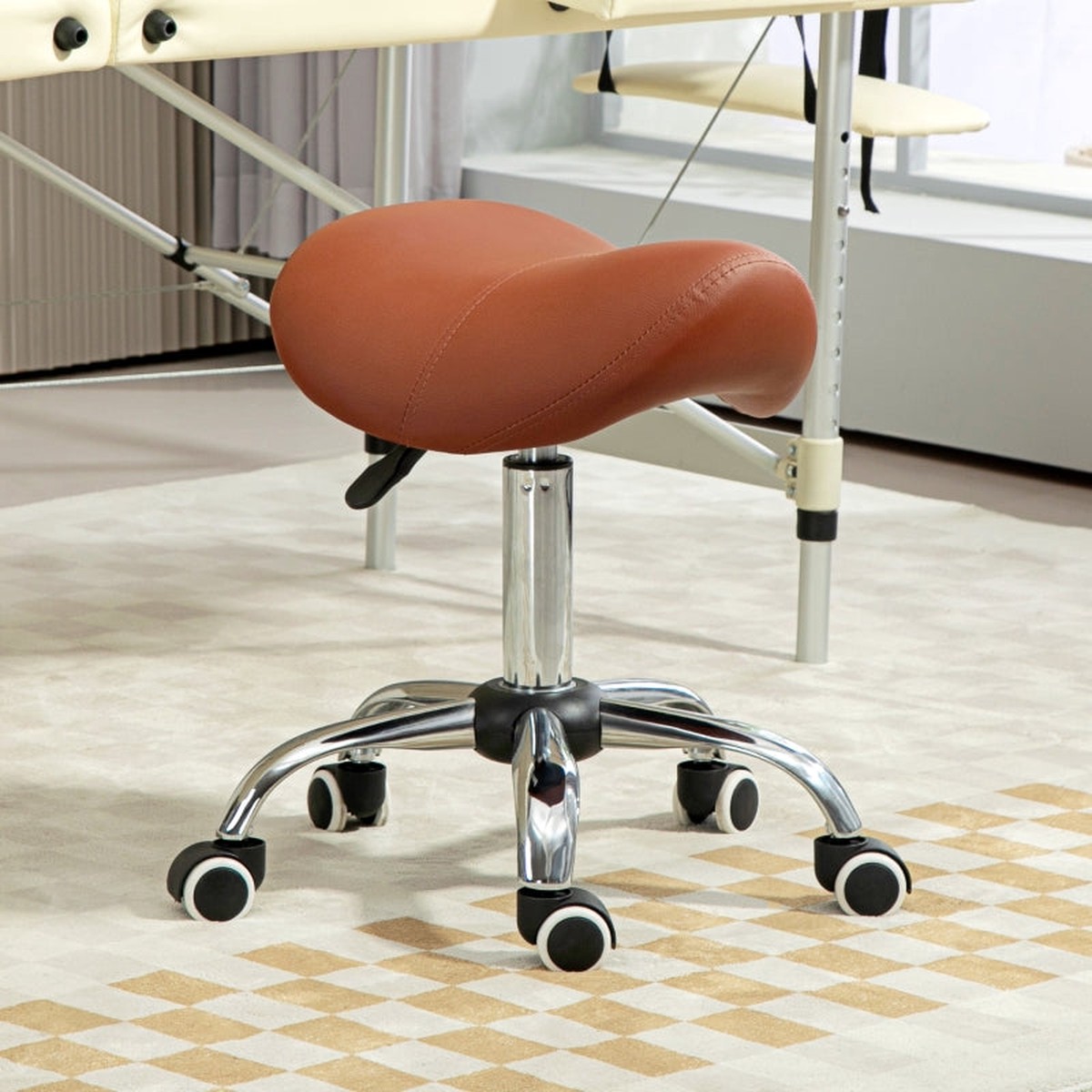 Saddle Stool Height Adjustable Salon Chair Faux Leather, Brown